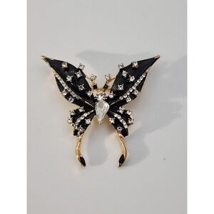 Vintage gold tone black enamel rhinestone BUTTERFLY insect brooch pin